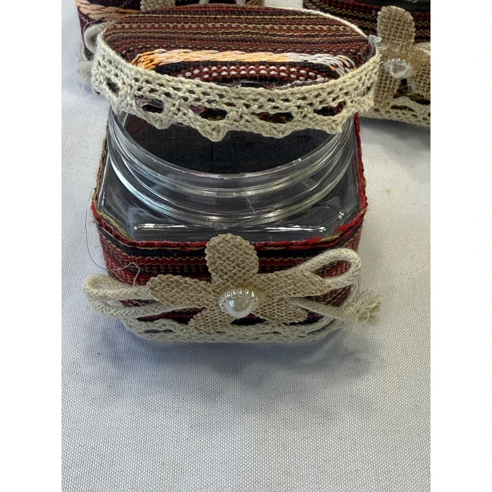 Set of 10 Decorative plastic Jars with Fabric Lids and Embellishments‎